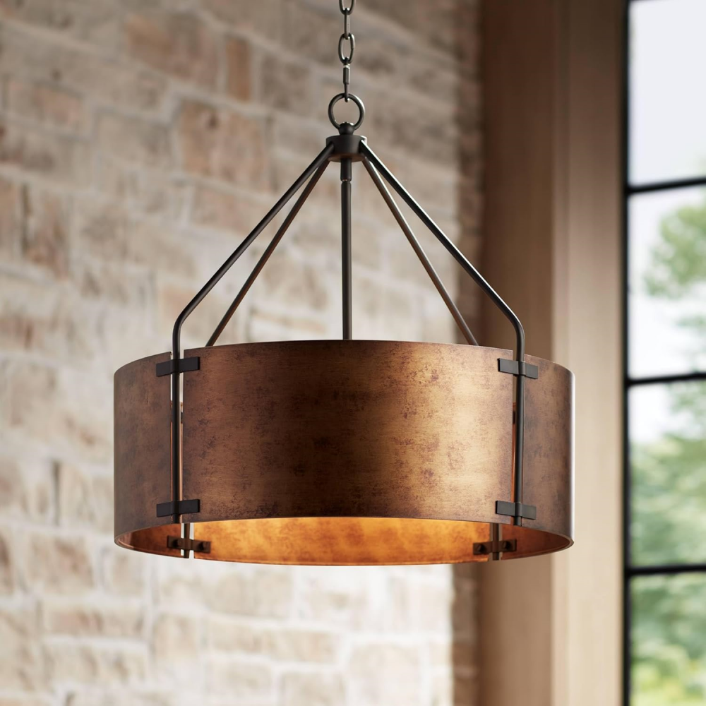 Rustic Bronze Metal Drum Pendant Light