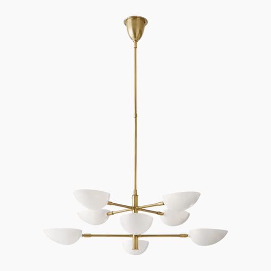 Create a stunning visual display with the Zeamas White Graphic Chandelier, its antique brass finish and white shades combining for a chic, contemporary lighting solution.