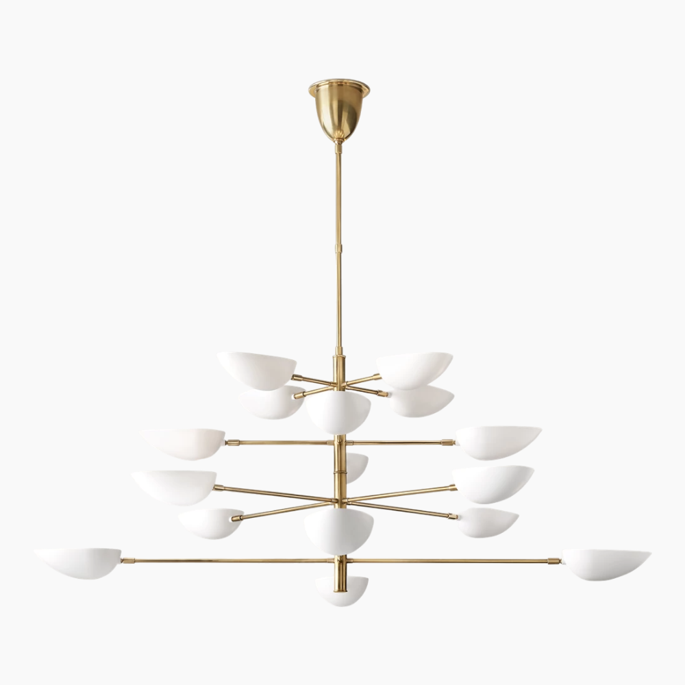 The Zeamas Graphic Chandelier in white boasts a sophisticated aura, with its sixteen cup shades directing light upwards for a mesmerizing ceiling reflection, all in a sleek, modern design.