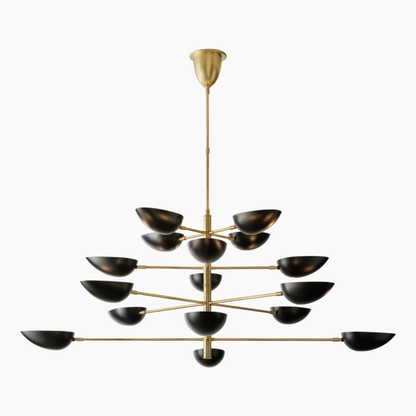 With its hand-rubbed antique brass finish and black shades, the Zeamas Graphic Chandelier provides a rich, layered lighting effect that enhances any room's ambiance.