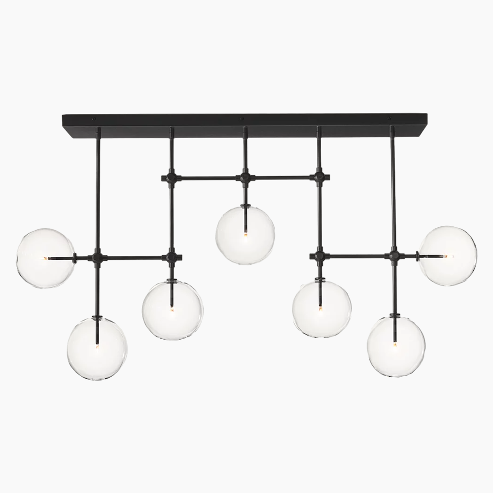 Zeamas Black Chandelier: The epitome of modern design with handblown glass spheres on brass, exuding sleek sophistication.