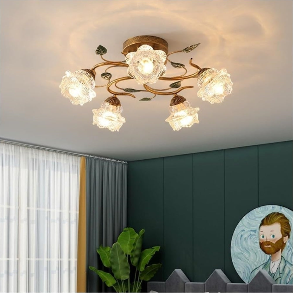 Elevate the ambiance of your living space with the Zeamas Ceiling Light, where intricate French flower designs and green accents add a touch of vintage elegance to your room.