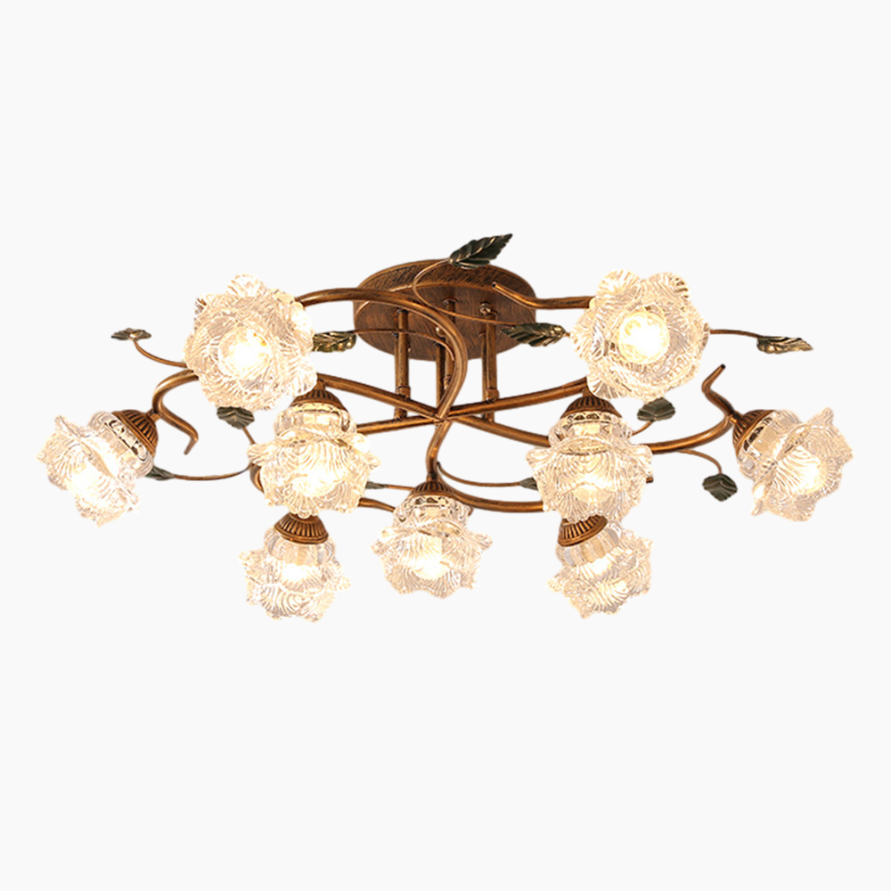 Illuminate your villa or hotel with the Zeamas 9-Bulb Ceiling Light, its intricate green motifs and floral designs adding a sophisticated touch to high ceilings.