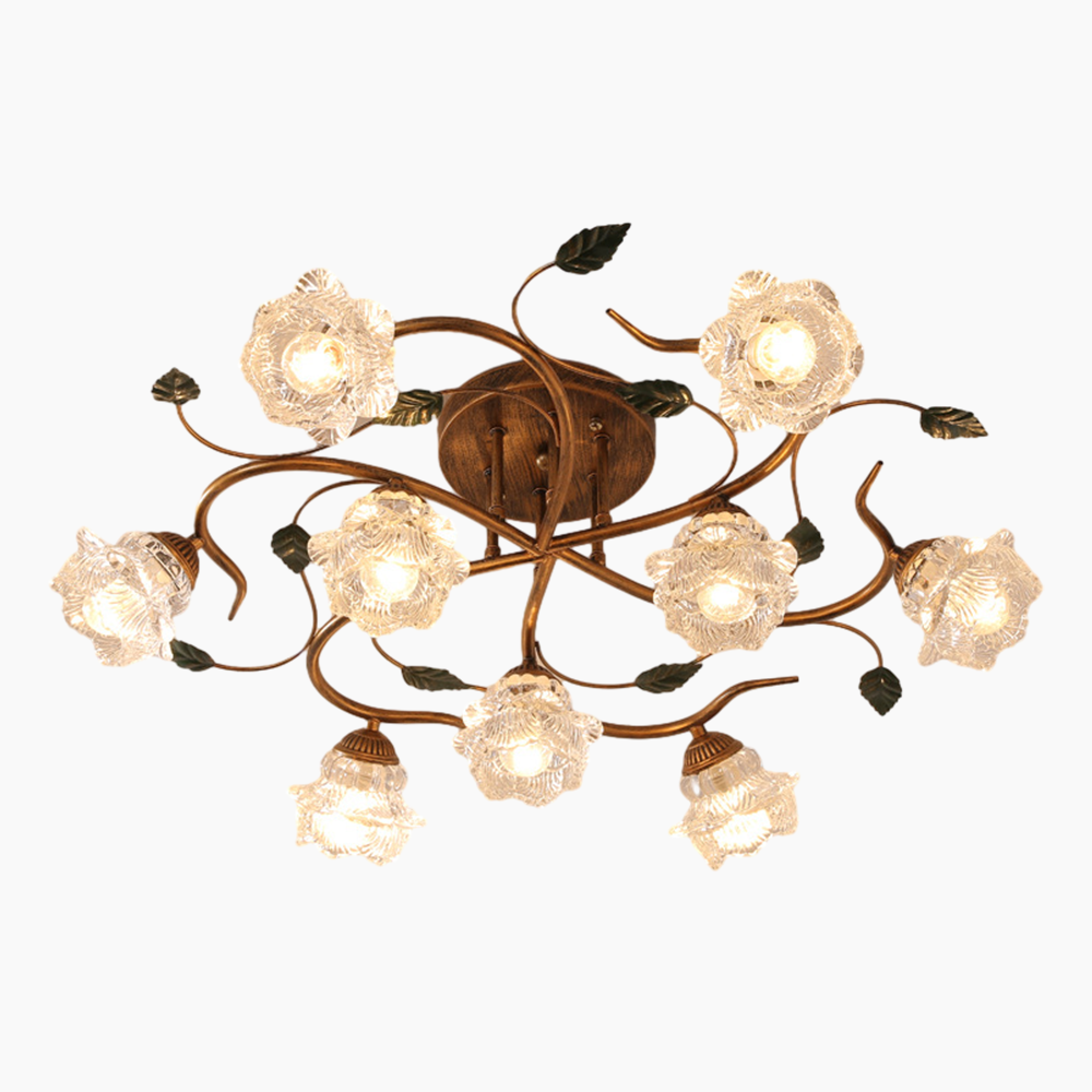 The Zeamas 9-Bulb Vintage Ceiling Light exudes grandeur, its green plant and French flower details creating a lush, romantic atmosphere in larger spaces.