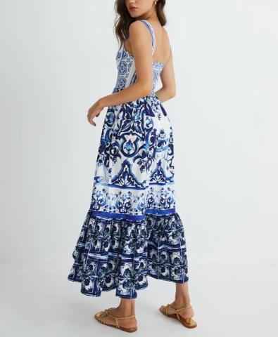 Print Strap Pleated Long Dress - FASHION