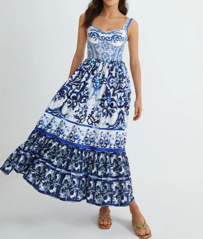 Print Strap Pleated Long Dress - FASHION