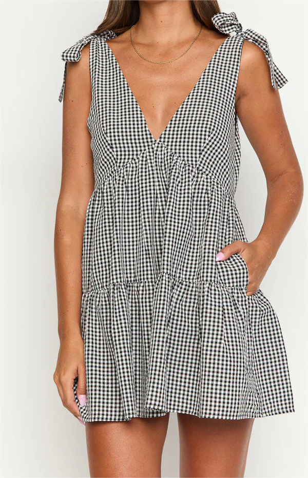 Bowknot Deep V Plaid Mini Dress - FASHION