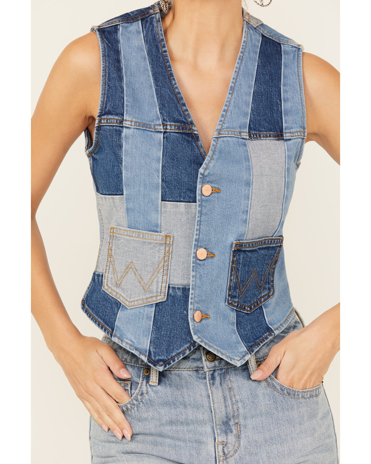 Paneled Cropped Denim Vest - FASHION