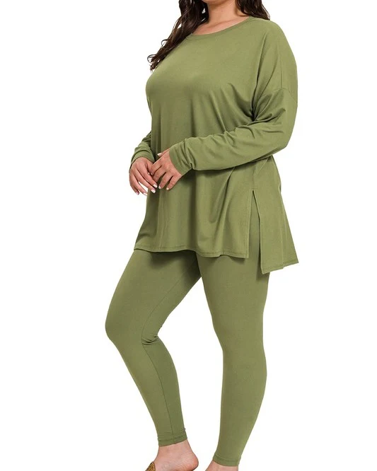 Lt.Olive Round Neck Plus Set - FASHION