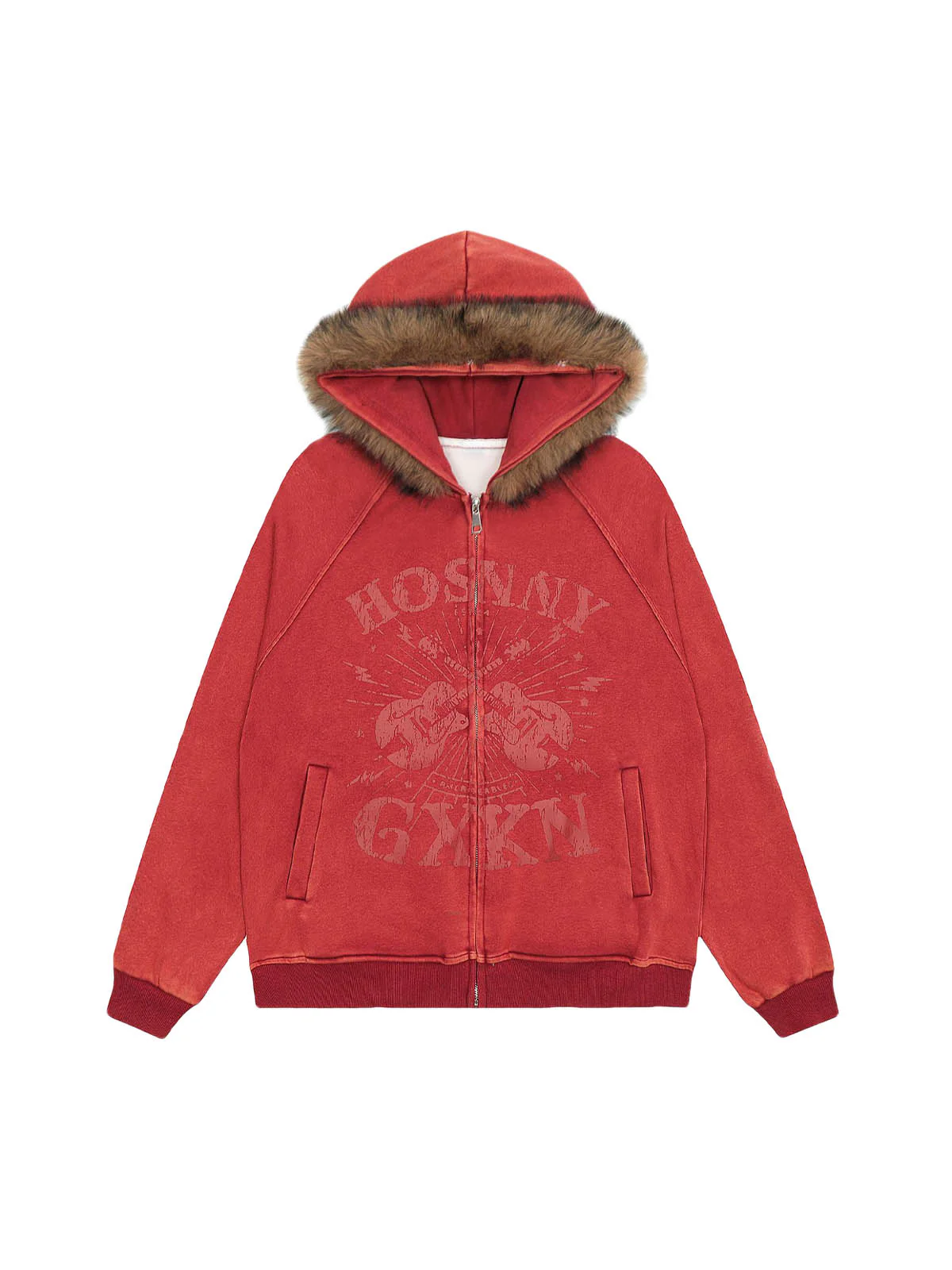 Washed Fur Collar Zip Up Hoodie - FASHION