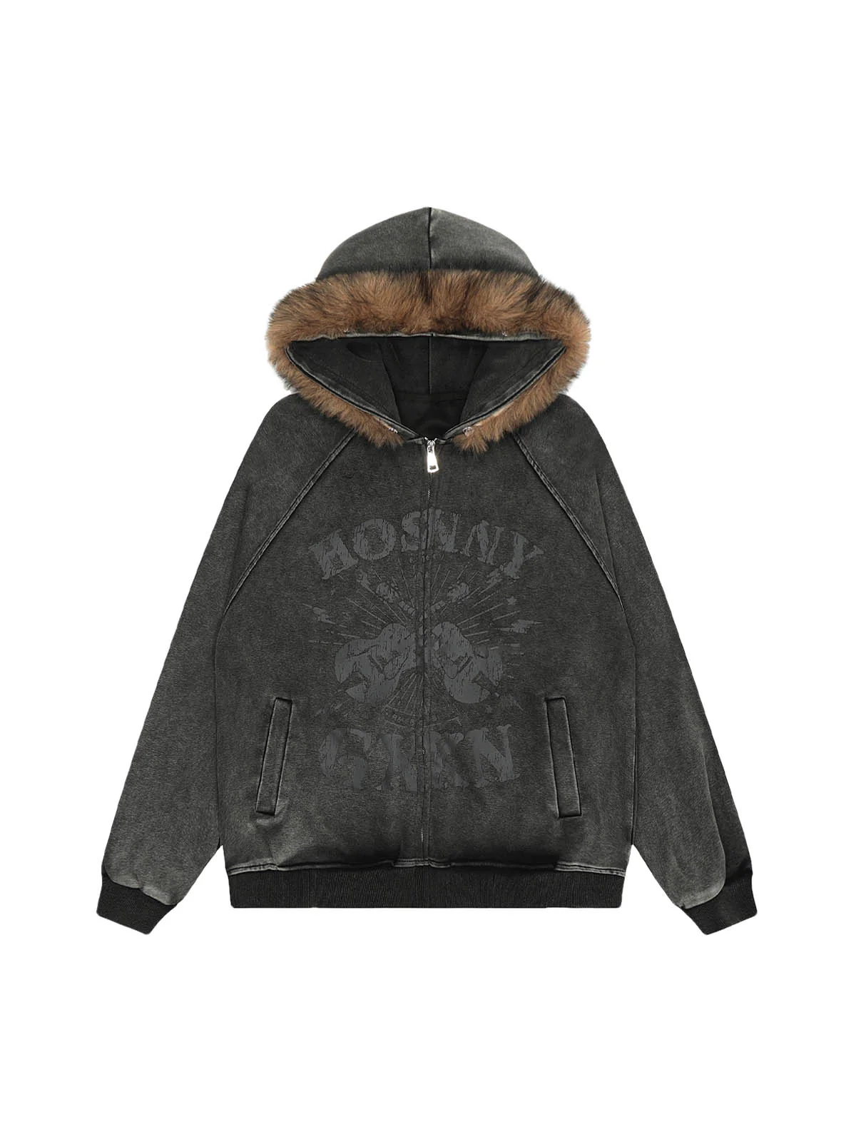 Washed Fur Collar Zip Up Hoodie - FASHION